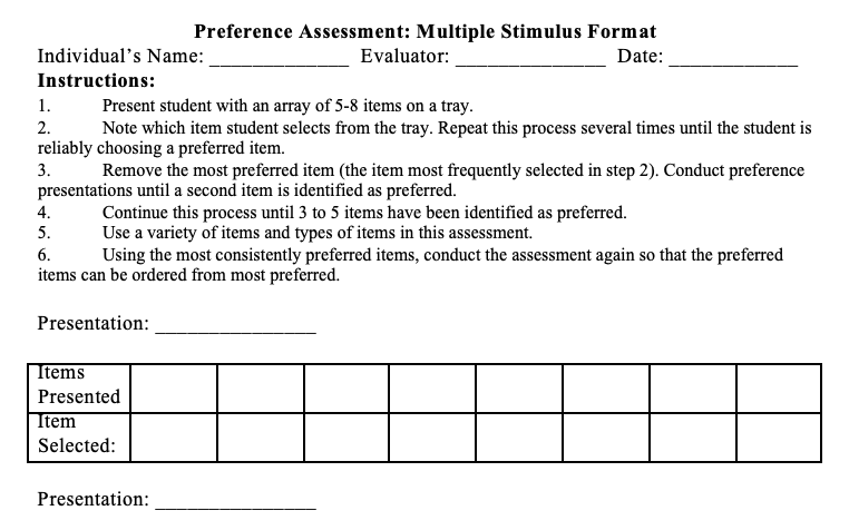 Multiple Stimulus Preference Assessment