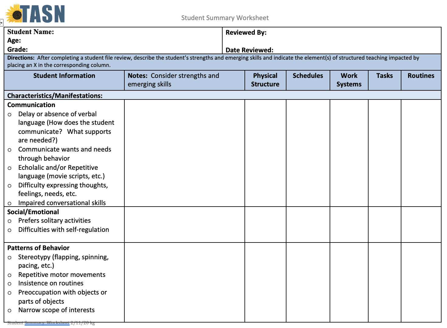 Image of the first page of the Student Summary Worksheet