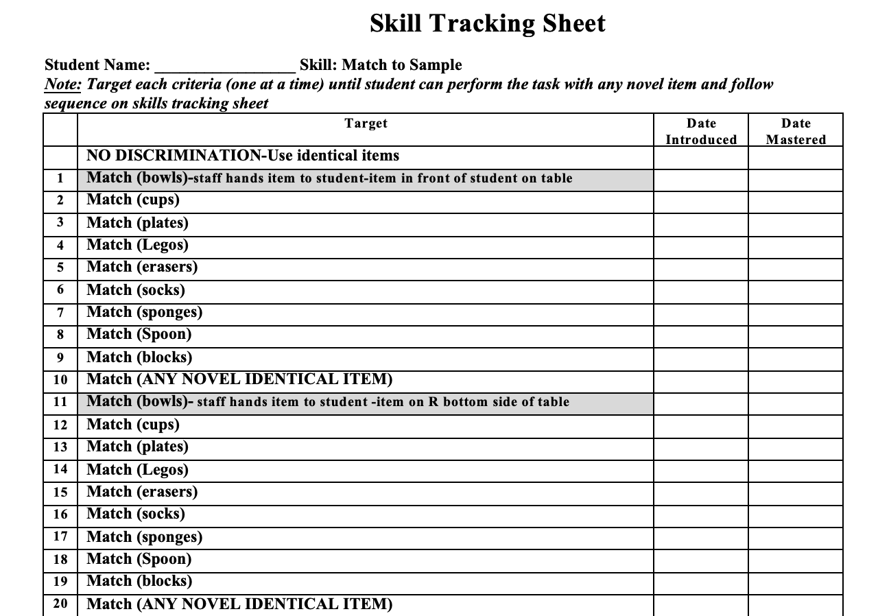 Skills Tracking Sheet - Match to Sample for Early Learners