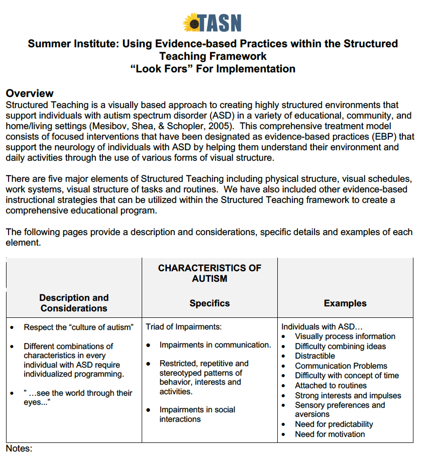 Screenshot of the first page of the Look Fors document for Summer Institute on Structured Teaching