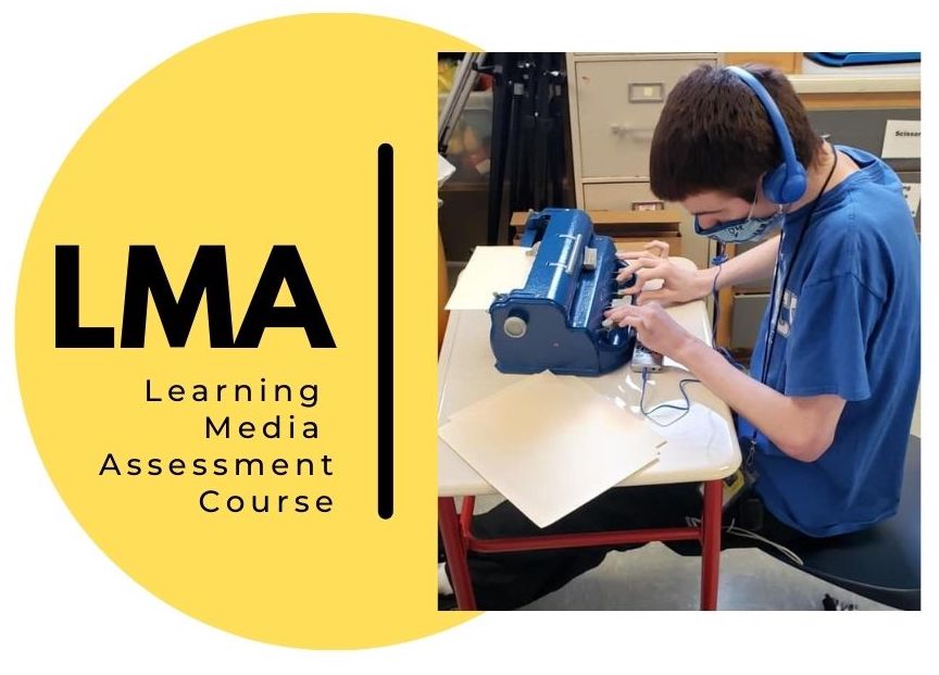 Yellow circle with a line down the middle on the left is LMS (Learning Media Assessment Course) and on the right is a boy sitting at a desk with headphones on working on a braille writer