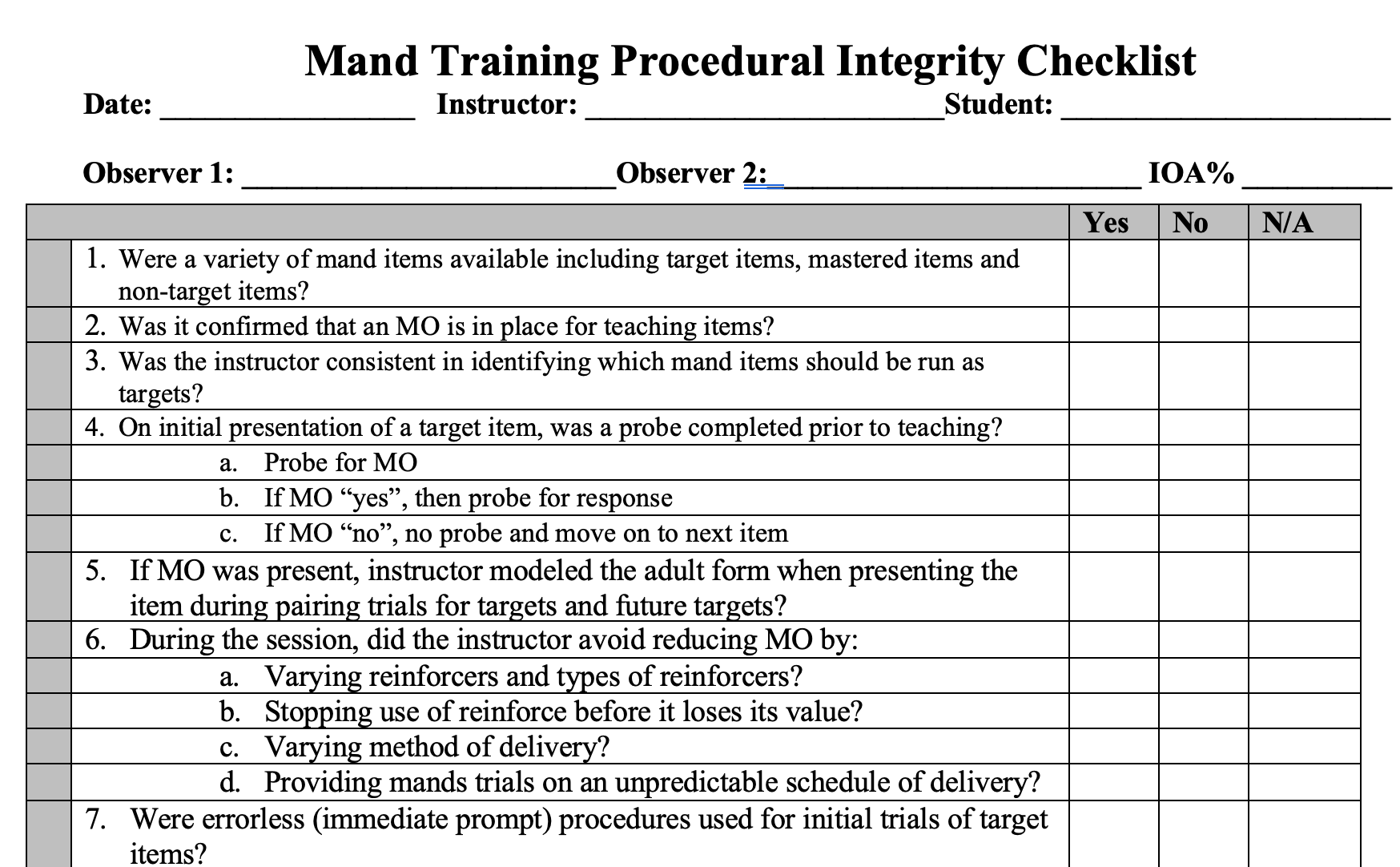 Mand Training Fidelity Checklist