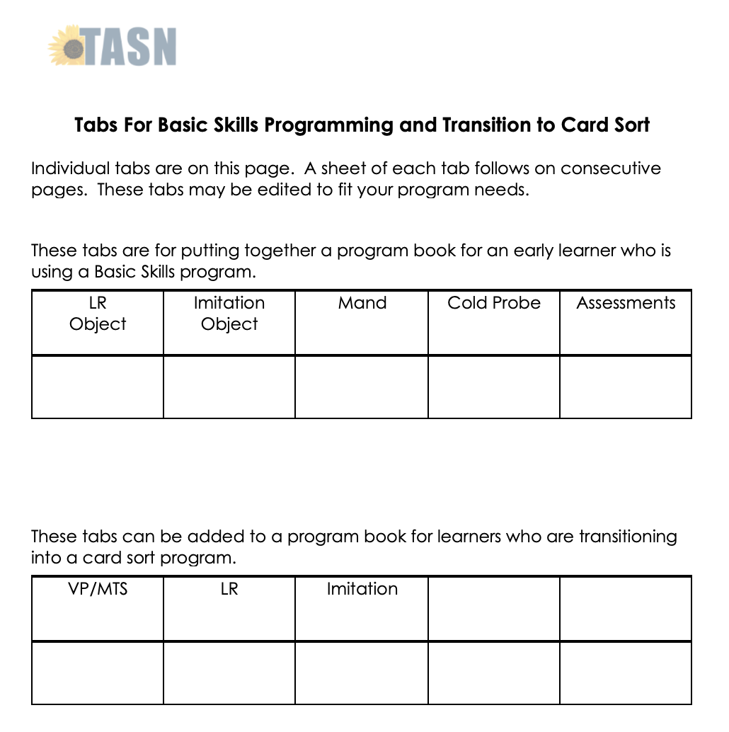 Tabs for Basic Skills Programming and Transition to Card Sort
