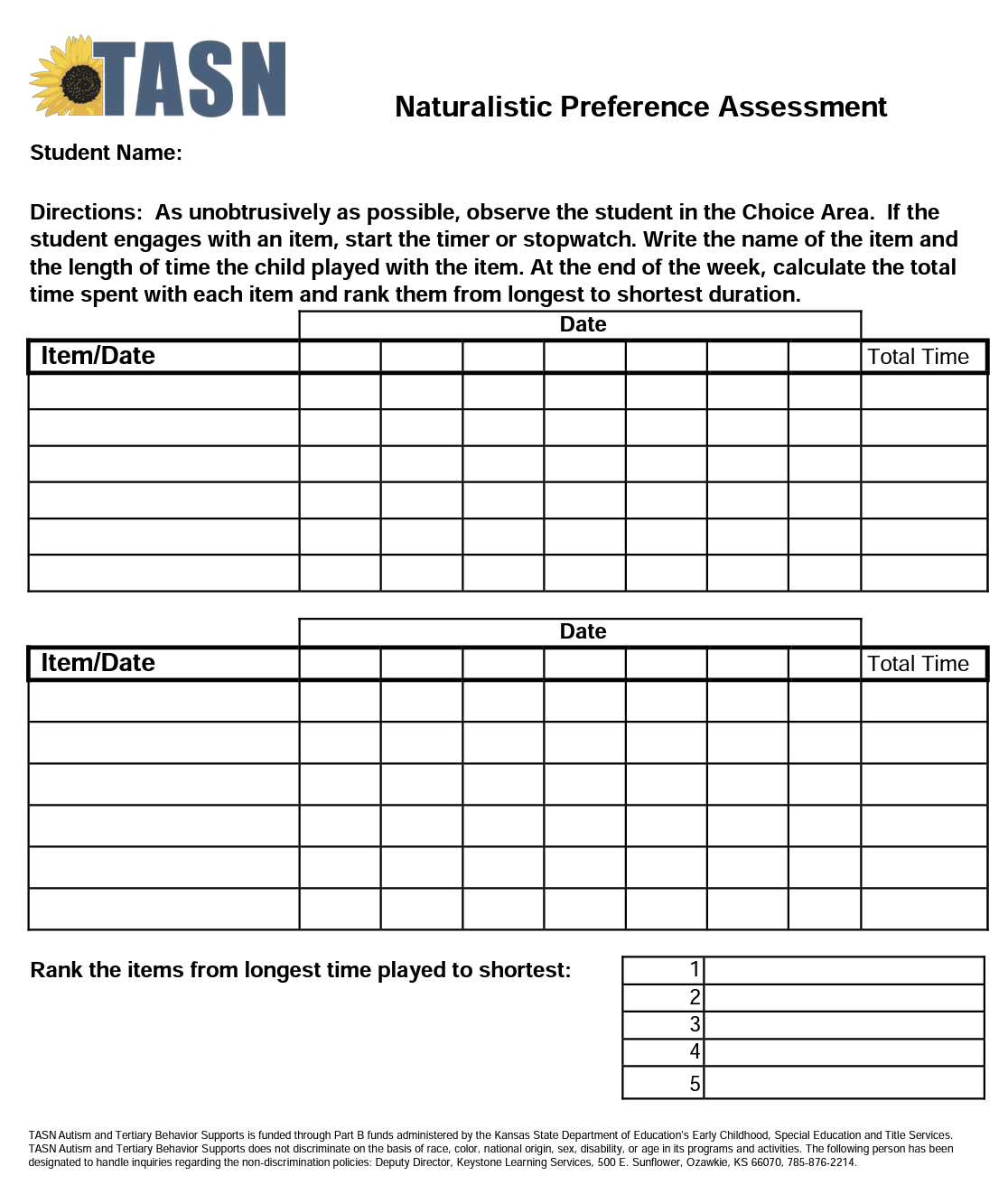 Naturalistic Preference Assessment Form