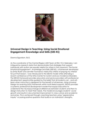 preview image of Universal_Design_in_Teaching-Using_Social_Emotional_Engagement_Knowledge_and_Skills__SEE-KS_.pdf for Universal Design in Teaching: Using Social Emotional Engagement-Knowledge and Skills (SEE-KS) by Dawna Sigurdson, Ed.S.