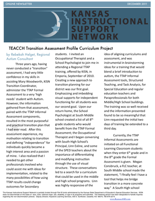 preview image of kisn-newsletterE1C3A329F2.pdf for TASN ATBS December 2011 Newsletter: KISN Newsletter - TEACCH Transition Assessment Profile Curriculum Project