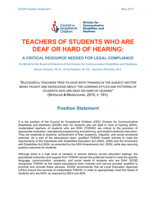 preview image of DCDD_Position_Statement_TODHH__June_2017_.pdf for Teachers of Students who are Deaf or Hard of Hearing: A Critical Resource Needed for Legal Compliance