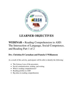 preview image of PPT___Learner_Objectives_Reading_Comprehension___ASD_Part_1.pdf for Learner Objectives & Handout: Reading Comprehension in ASD: Part 1 of 2