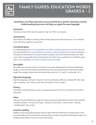 preview image of K-5_Glossary_convertedlp.pdf for Family Guides: Education Words - K-5
